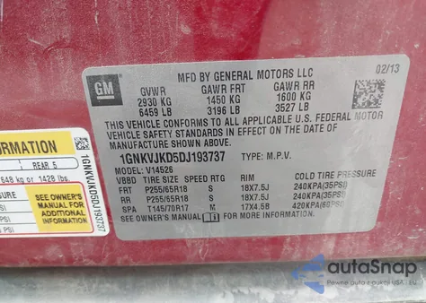 2013 Chevrolet Traverse 2Lt z USA, uszkodzony, nr VIN 1GNKVJKD5DJ193737